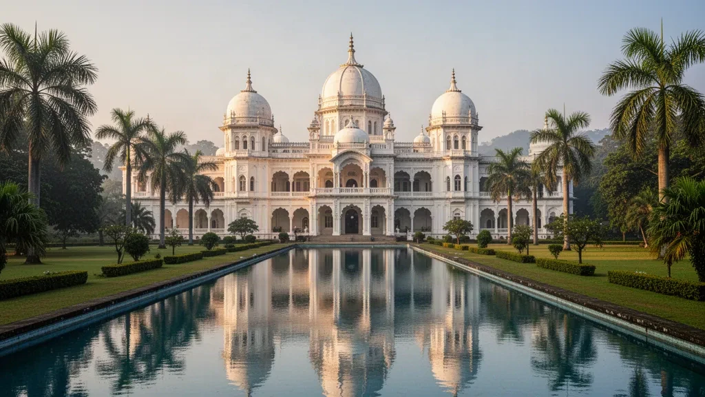 Cúpulas blancas del Palacio de Ujjayanta en Agartala, Tripura, reflejadas en una piscina tranquila a la hora dorada