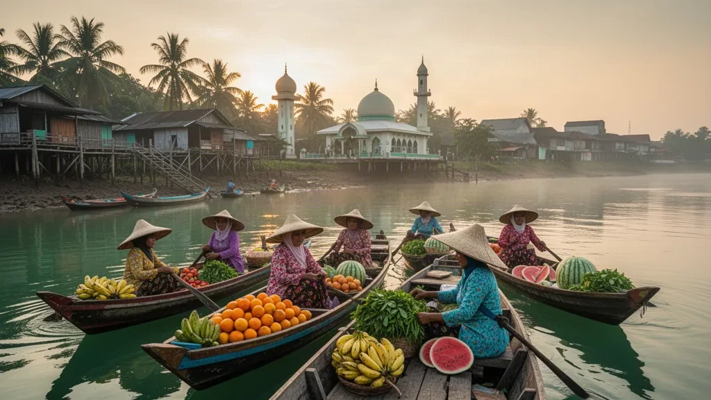 Barques traditionnelles en bois jukung et vendeurs au marché flottant de Banjarmasin sur la rivière Martapura au Kalimantan du Sud au lever du soleil