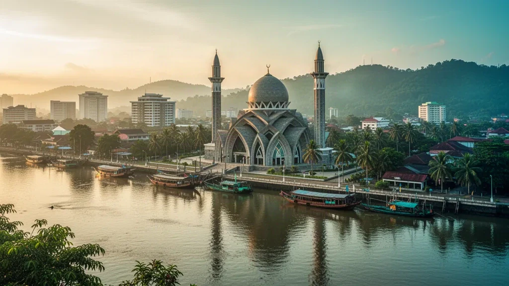 Centre islamique de Samarinda et front de mer de la rivière Mahakam dans le Kalimantan oriental, en Indonésie, à l'heure dorée