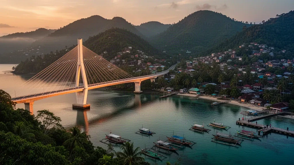 La baia di Ambon durante l'ora d'oro nelle Molucche, Indonesia, con il ponte Merah Putih, colline verdi e barche da pesca su acque calme
