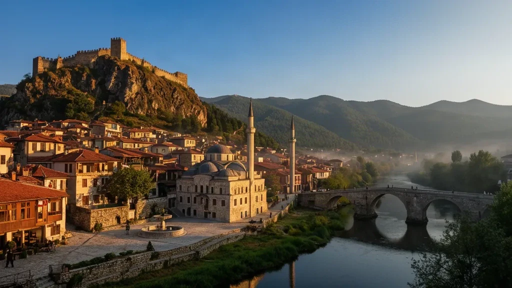 Blick zur goldenen Stunde auf die Altstadt von Prizren, die Sinan-Pascha-Moschee, die Steinerne Brücke und die Festung über dem Fluss Bistrica im Kosovo.