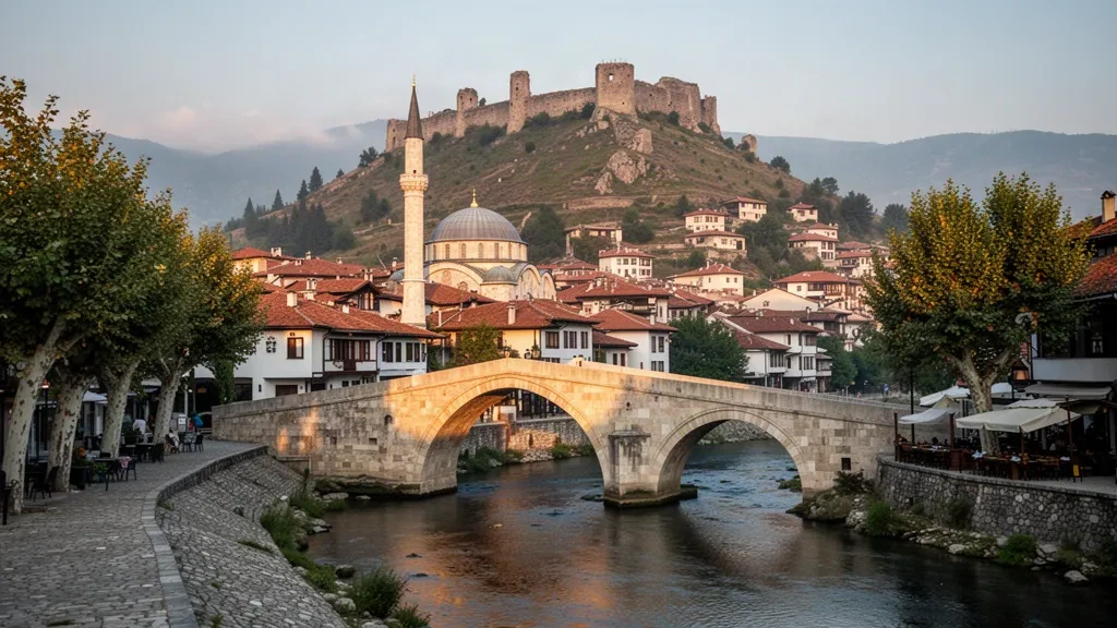 Veduta all'ora d'oro del Vecchio Ponte di Pietra di Prizren sul fiume Bistrica con la Moschea di Sinan Pasha e la fortezza sulla collina sullo sfondo