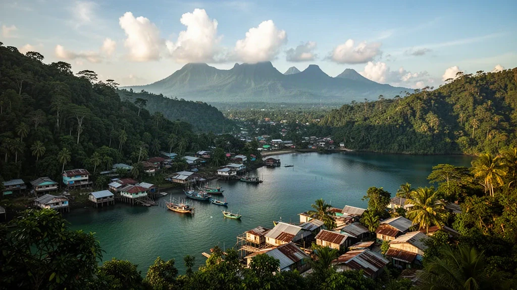 Endonezya'nın Papua bölgesindeki Jayapura'nın, altın saatlerde Yos Sudarso Koyu'na bakan, ormanlık tepeler ve uzak dağlarla çevrili yamaç manzarası