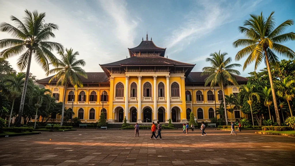 Istana Maimun, le palais royal jaune de Medan à Sumatra du Nord, éclairé par la lumière de fin d'après-midi avec des palmiers