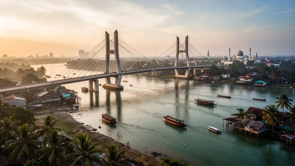 Palembang, Güney Sumatra'da altın saatte Musi Nehri'ni geçen Ampera Köprüsü, geleneksel tekneler ve nehir kıyısındaki kazık evler