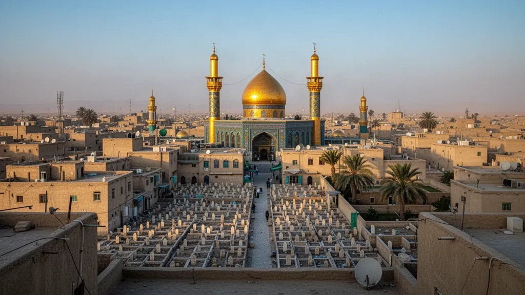 Dôme doré et minarets du sanctuaire de l'imam Ali s'élevant au-dessus du paysage urbain historique de Najaf, en Irak, dans une lumière chaude d'après-midi