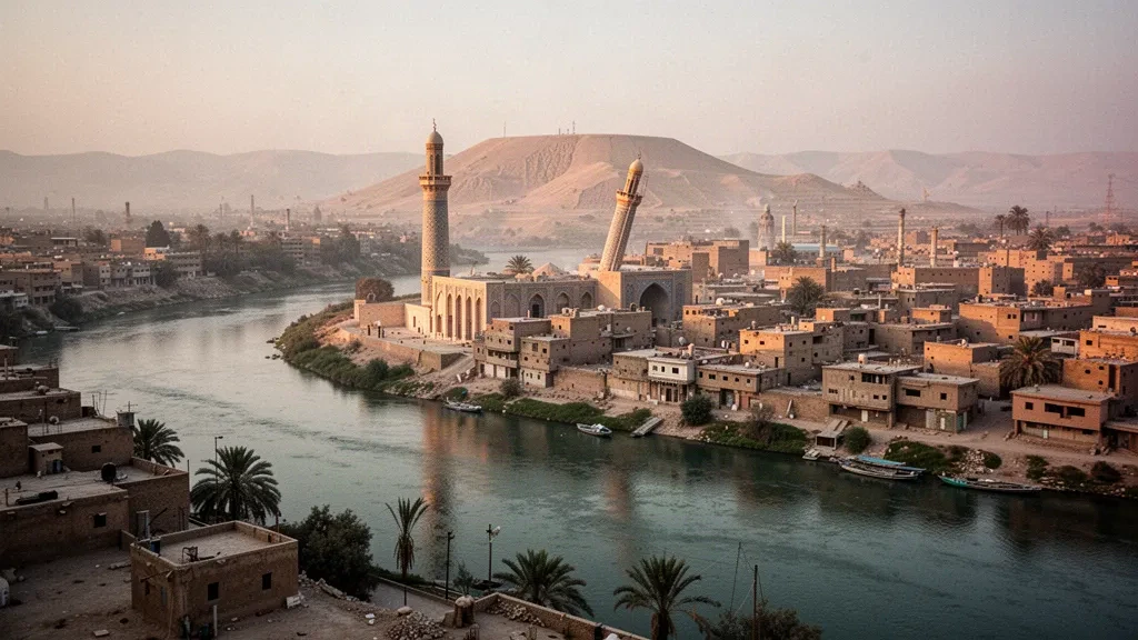Blick zur goldenen Stunde auf Mosul in Nineveh, Irak, mit dem Tigris und dem schiefen al-Hadba-Minarett über den Dächern der Altstadt.