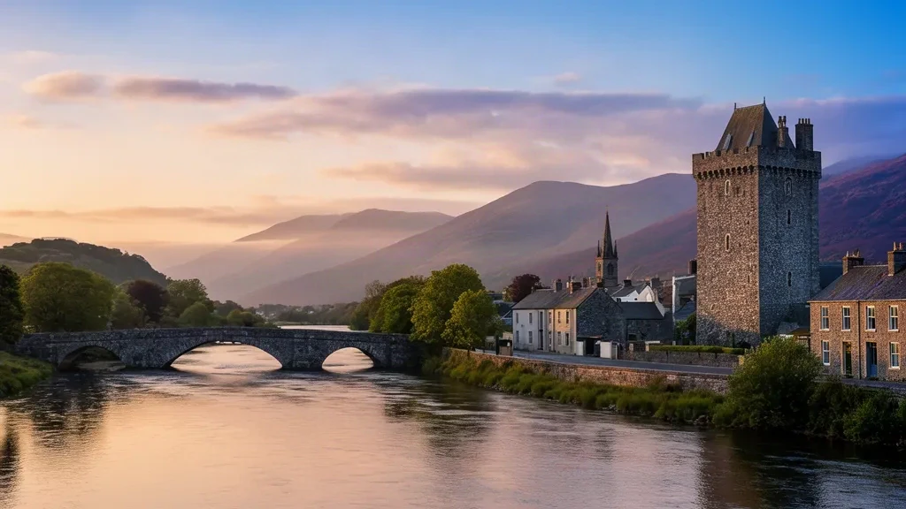 Le château de Donegal et la rivière Eske dans le comté de Donegal, en Irlande, à l'heure dorée avec les montagnes Blue Stack au loin