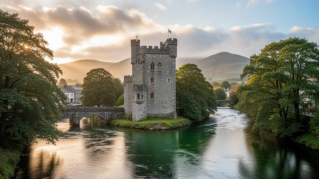 Le château de Donegal et la rivière Eske dans la ville de Donegal, comté de Donegal, Irlande, à l'heure dorée