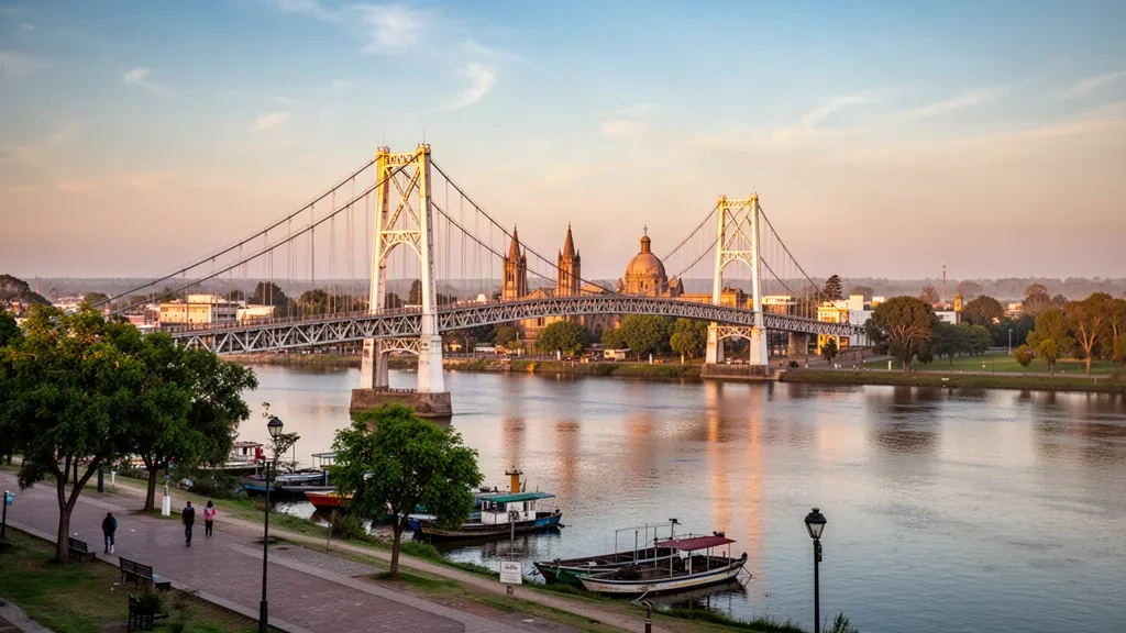 Icónico Puente Colgante sobre la Laguna Setúbal en Santa Fe, Argentina, a la hora dorada