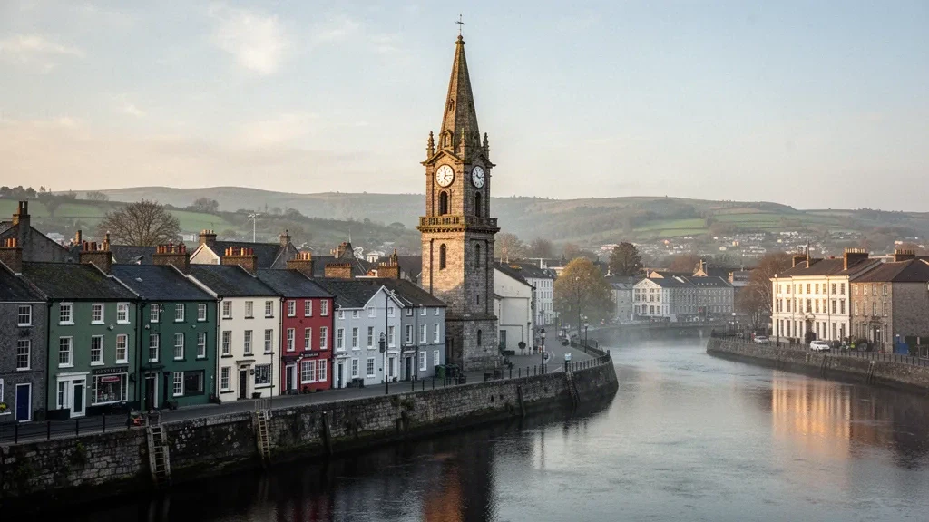 Panorámica de la ciudad de Cork con el campanario de Shandon sobre el río Lee a la hora dorada en el condado de Cork, Irlanda