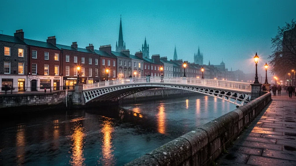 Ha'penny Bridge sul fiume Liffey a Dublino durante l'ora blu, con luci calde e edifici georgiani sul lungofiume