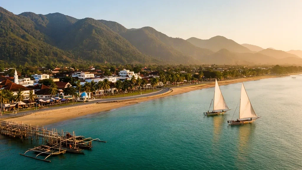 Golden-hour view of Mamuju's waterfront skyline in West Sulawesi, with traditional Mandar sandeq sailboats along the coastline
