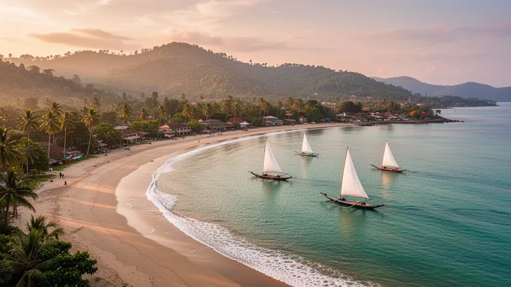 Veleros tradicionales sandeq en la playa de Manakarra, en Mamuju, Célebes Occidental, Indonesia, durante una cálida puesta de sol dorada.