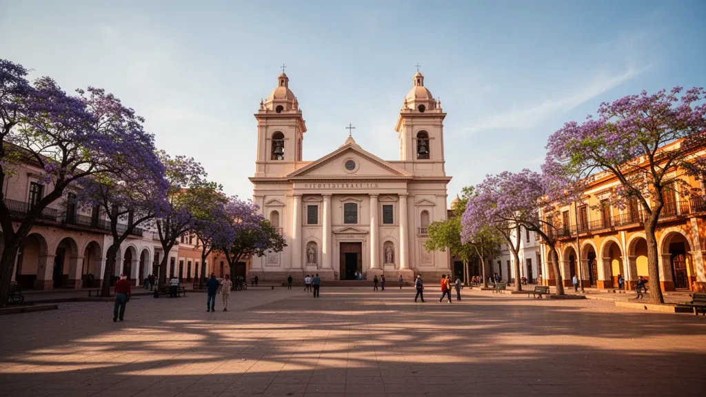 Kathedralbasilika und die von Bäumen gesäumte Plaza Libertad in Santiago del Estero, Argentinien, in warmem Licht des späten Nachmittags