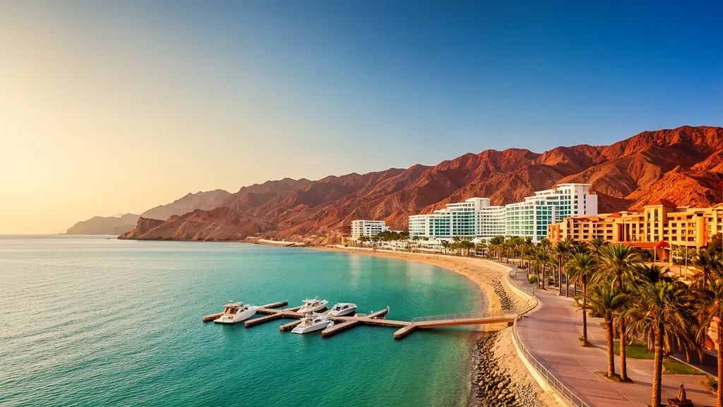 Güney İsrail'de çöl dağlarıyla çevrili Eilat marinası ve altın saatlerde Kızıldeniz kıyısı