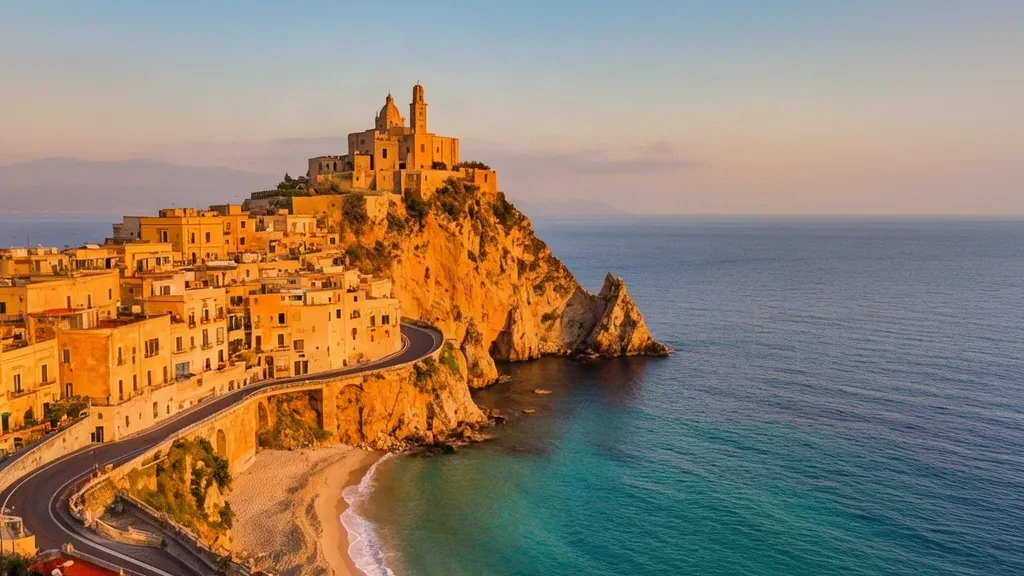 Veduta all'ora d'oro del centro storico di Tropea a picco sulla scogliera e del santuario di Santa Maria dell'Isola sopra il Mar Tirreno in Calabria, Italia.
