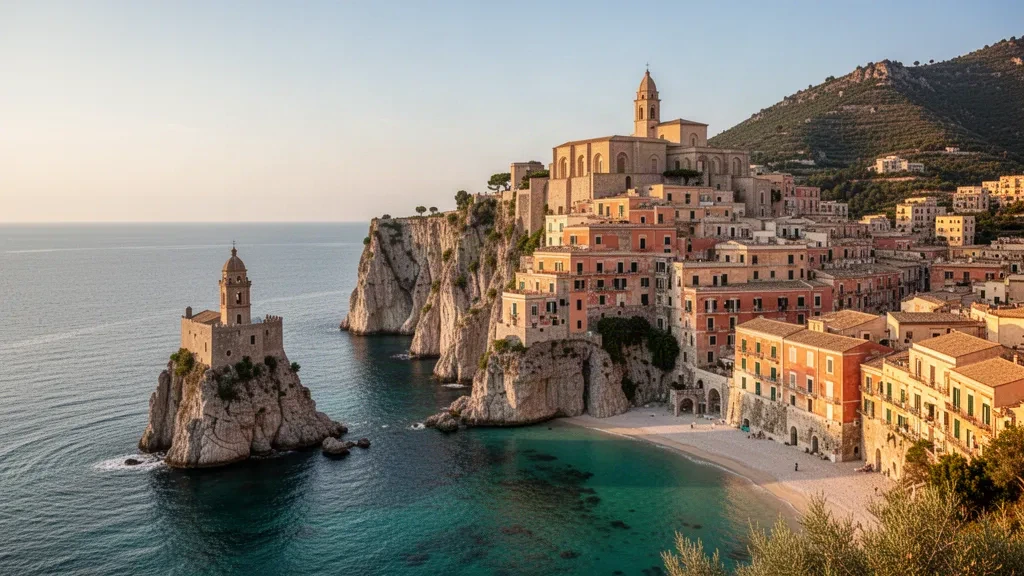 Centro storico di Tropea a picco sulla scogliera e santuario di Santa Maria dell'Isola sopra il Mar Tirreno turchese in Calabria, Italia