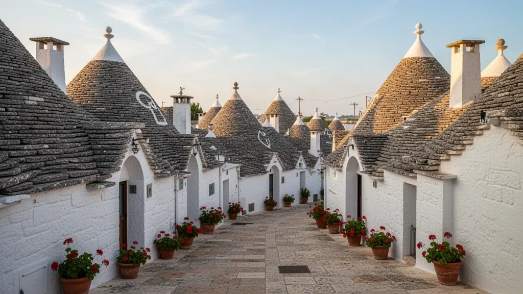 Casas trulli encaladas con tejados cónicos de piedra caliza en Alberobello, Apulia, Italia, resplandeciendo con la cálida luz del final de la tarde