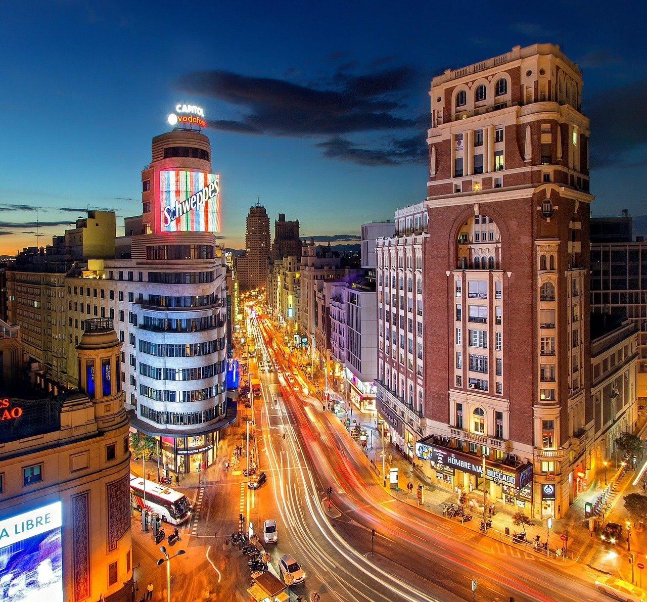 madrid, spagna, strada, plaza del callao, espana, españa, gran vía, città, crepuscolo, urbano, grattacielo, traffico, europa, capitale, madrid, madrid, madrid, madrid, madrid, spagna, spagna