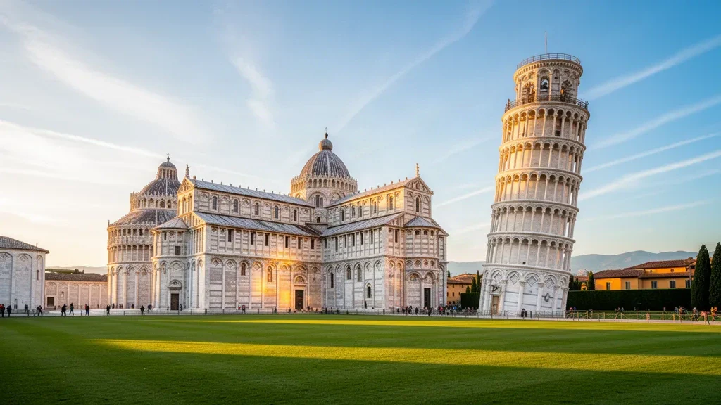 Torre Inclinada de Pisa y catedral en la Piazza dei Miracoli durante la hora dorada, con céspedes verdes y un cálido cielo italiano