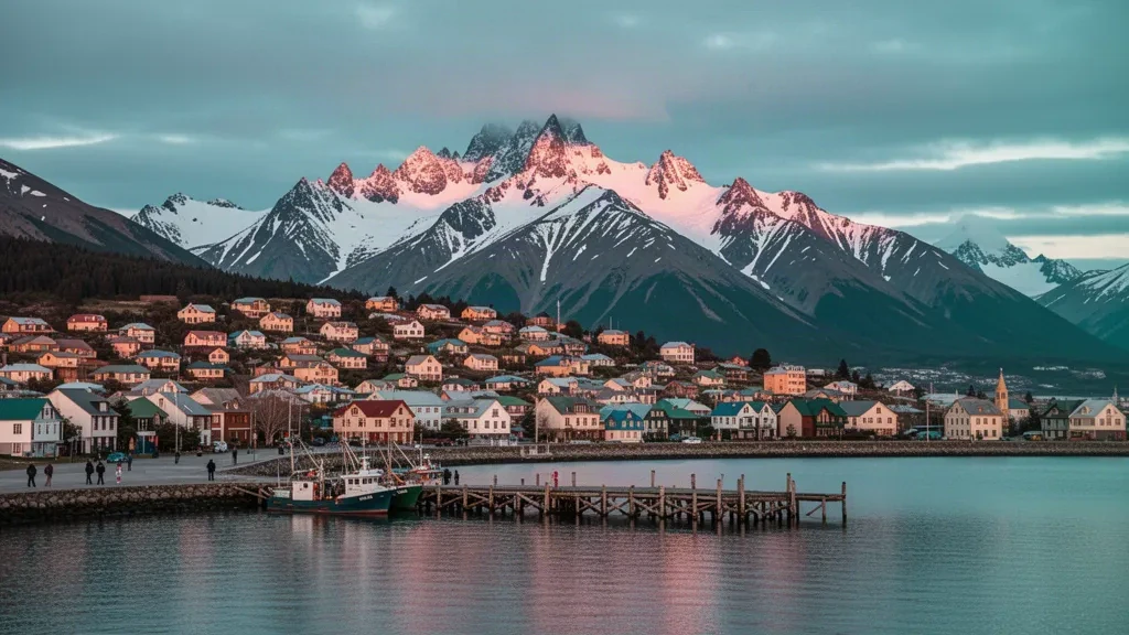 Paseo marítimo y puerto de Ushuaia en el canal Beagle con las montañas Martial cubiertas de nieve al fondo, Tierra del Fuego, Argentina