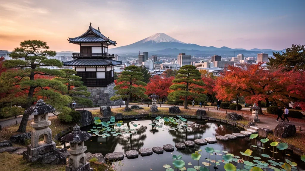 Vue d'automne sur le parc Senshu à Akita, au Japon, avec la tour du château de Kubota, un étang calme et les toits de la ville dominés par le mont Taihei