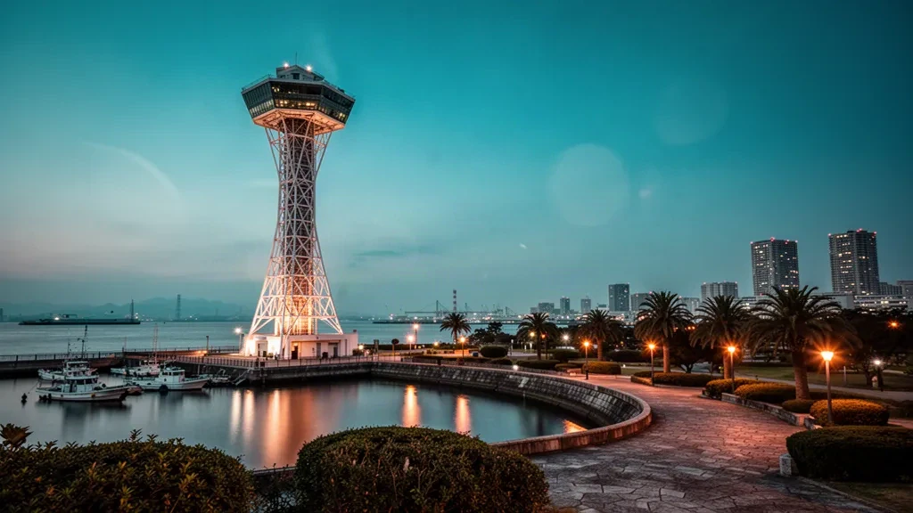 Der Chiba Port Tower erhebt sich in der blauen Stunde über dem Park am Wasser, dahinter die Bucht von Tokio und die Skyline der Stadt Chiba