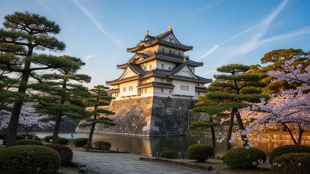 Nagoya, Aichi, Japonya'da berrak bir öğleden sonra taş duvarların ve yeşil ağaçların üzerinde yükselen altın shachihoko süslemeli Nagoya Kalesi kulesi