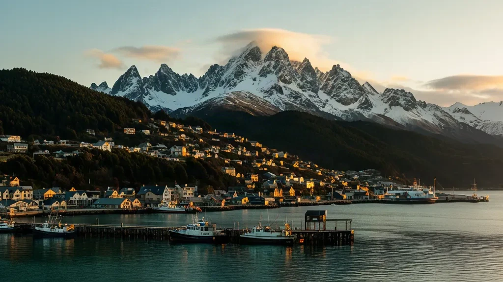 Il lungomare di Ushuaia durante l'ora d'oro con le cime innevate delle Ande e il Canale di Beagle, Terra del Fuoco, Argentina