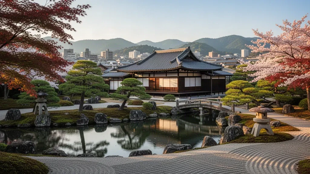 Étang du jardin Yokokan et villa traditionnelle en bois à Fukui, au Japon, avec les toits de la ville et les collines en arrière-plan