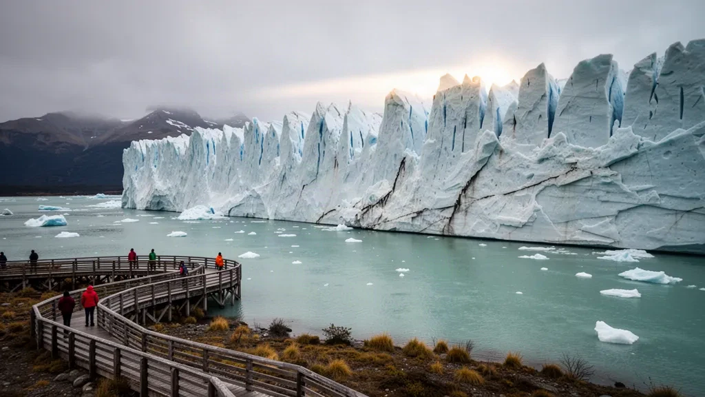 Eiswand des Perito-Moreno-Gletschers über dem türkisfarbenen Lago Argentino in der Provinz Santa Cruz, argentinisches Patagonien