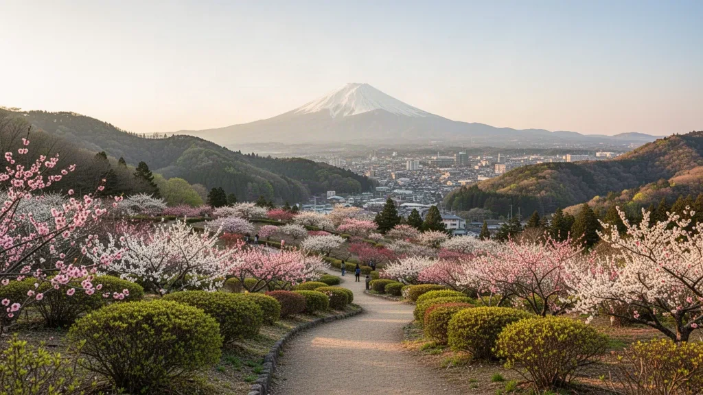 Fleurs de cerisier et fleurs printanières sur les sentiers à flanc de colline du parc de Hanamiyama, dans la ville de Fukushima, au Japon, avec le mont Shinobu en arrière-plan