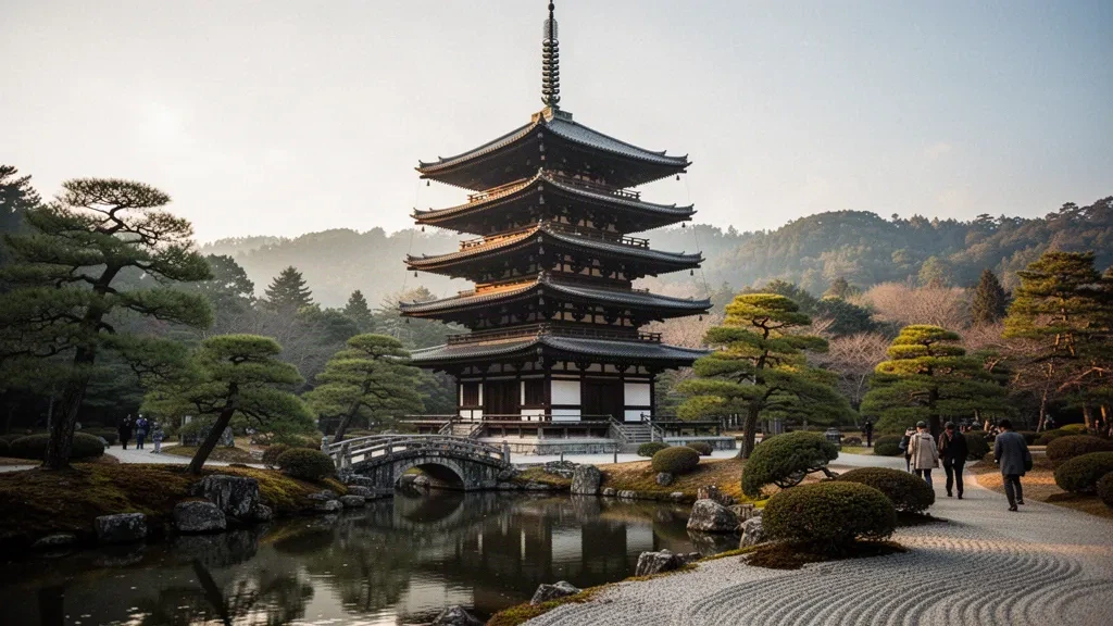 Japonya'nın Yamaguchi kentindeki Kozan Parkı'nda, sıcak akşamüstü ışığında bir gölette yansıyan beş katlı Rurikoji pagodası