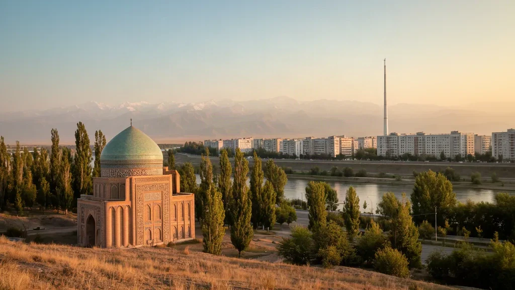 Kazakistan'ın Taraz şehrinde altın saatler; şehir silüeti, ağaçlıklı bulvarlar ve tarihi Aisha Bibi Türbesi görülüyor