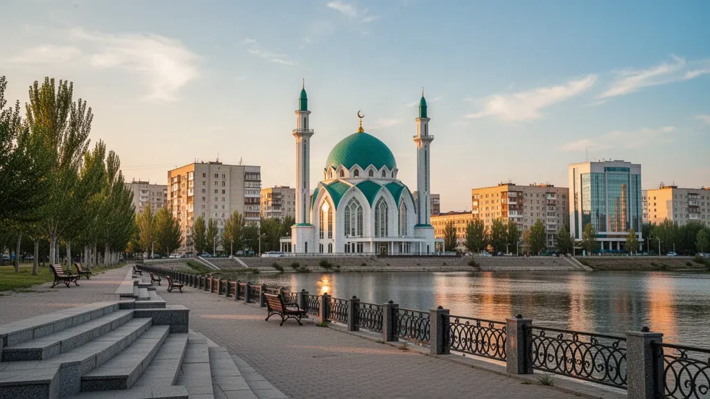 Blick zur goldenen Stunde auf Aktobe, Kasachstan, mit der Kuppel der zentralen Moschee und Minaretten über der Uferpromenade des Ilek