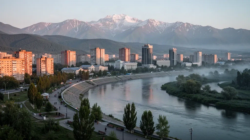 Vue d'Oskemen dans l'est du Kazakhstan à l'heure dorée, montrant le quai de l'Irtych, les toits de la ville et les contreforts des montagnes de l'Altaï