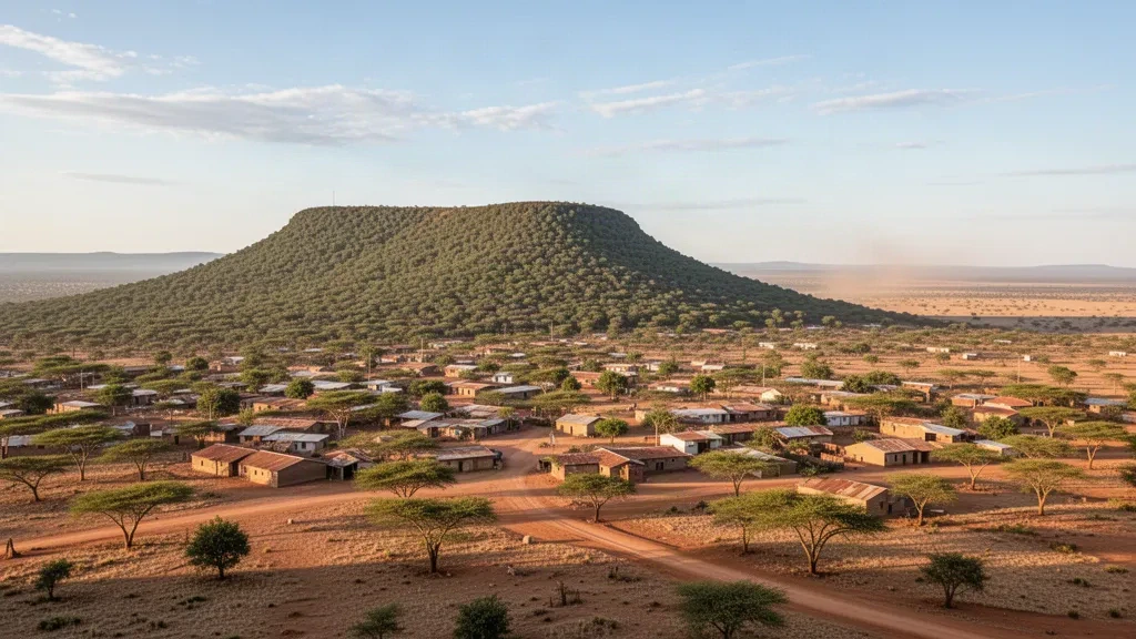 Vista elevada de la ciudad de Marsabit bajo las laderas boscosas del monte Marsabit en el norte de Kenia con luz cálida de la tarde