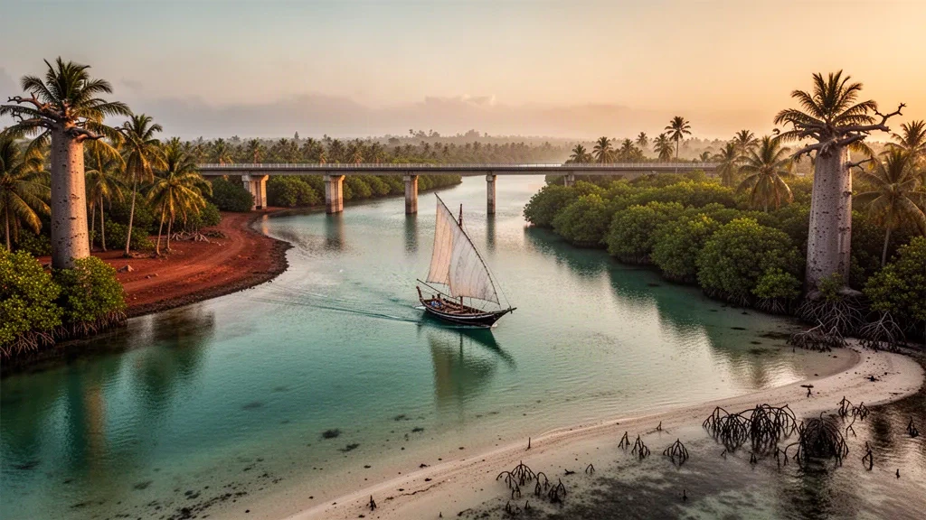 Dhow tradizionale che naviga sul Creek di Kilifi sotto il Ponte di Kilifi sulla costa dell'Oceano Indiano in Kenya con una calda luce dorata