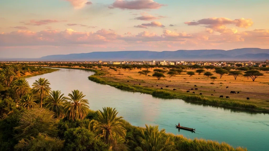 Amplia vista a la hora dorada del río Tana en Kenia fluyendo junto a una sabana bordeada de palmeras cerca de Hola, con cielo abierto para una sección principal de viajes.