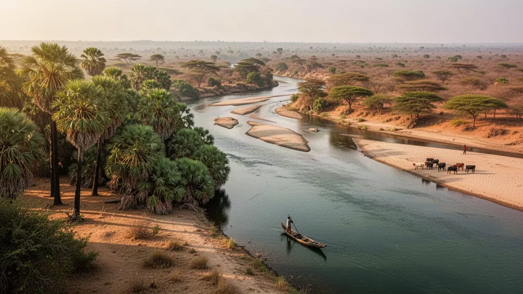 Vista a la hora dorada del río Tana cerca de Hola, Kenia, con palmeras doum, orillas arenosas y un pescador en una canoa tallada