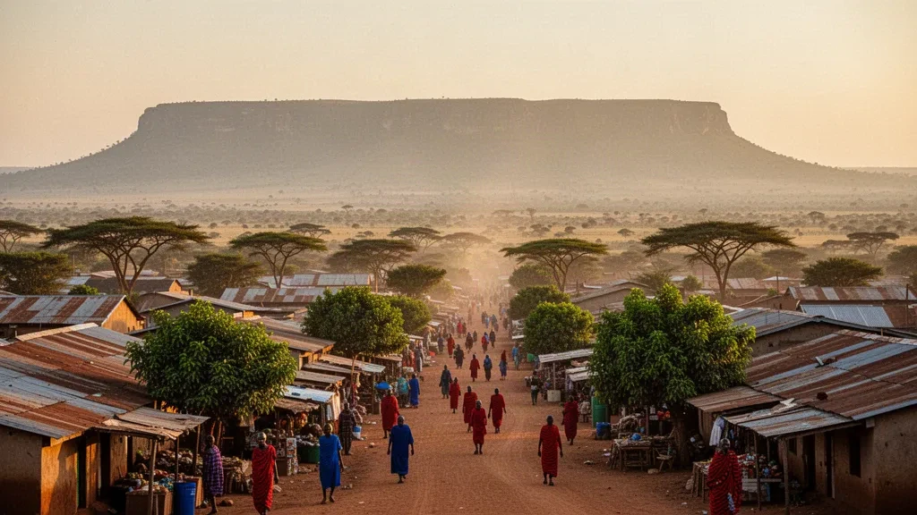 Golden-hour view over Narok town in Kenya's Great Rift Valley, with market streets, acacia trees and savannah plains beyond