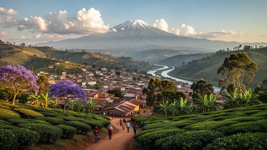 Vista durante la hora dorada sobre la ciudad de Meru en Kenia con edificios de tejados rojos, colinas verdes y el monte Kenia en el horizonte