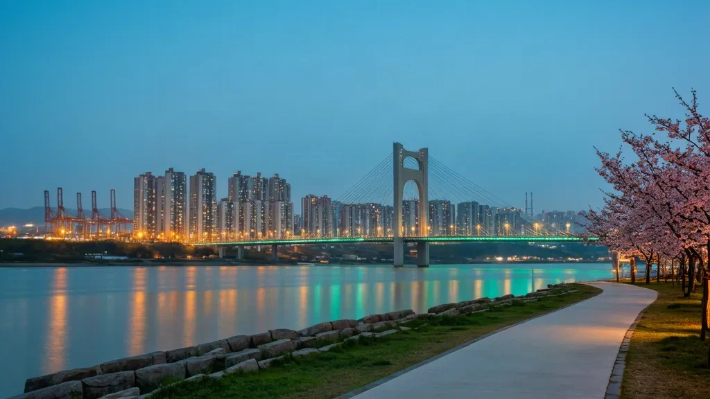 Skyline von Ulsan entlang des Taehwa-Flusses in der Abenddämmerung mit der beleuchteten Ulsan-Grand-Brücke und fernen Werftkränen