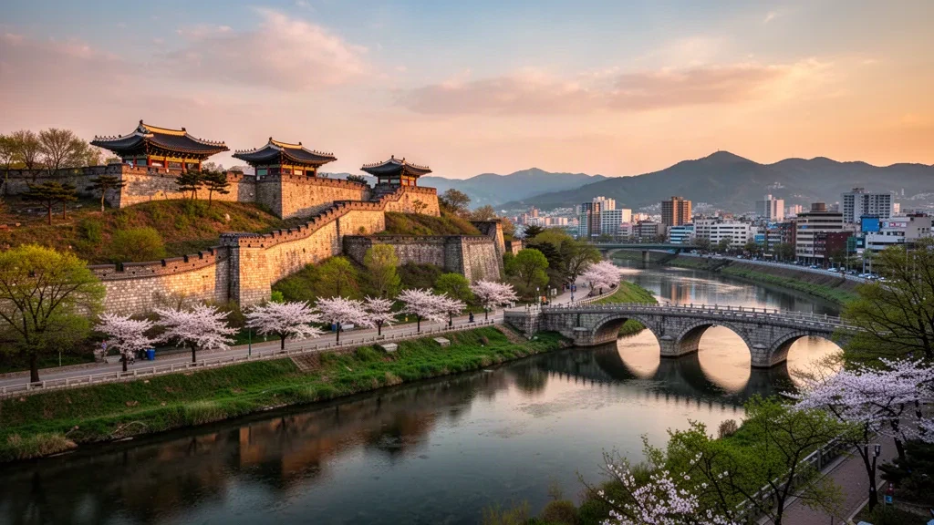 Anciens murs de pierre de la forteresse de Jinju surplombant la rivière Namgang dans le Gyeongsang du Sud, en Corée du Sud, sous une chaude lumière dorée.