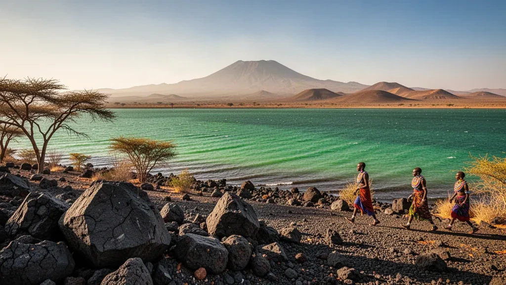 Les eaux vert jade du lac Turkana rencontrant le littoral désertique volcanique sous un ciel doré dans le comté de Turkana, au Kenya