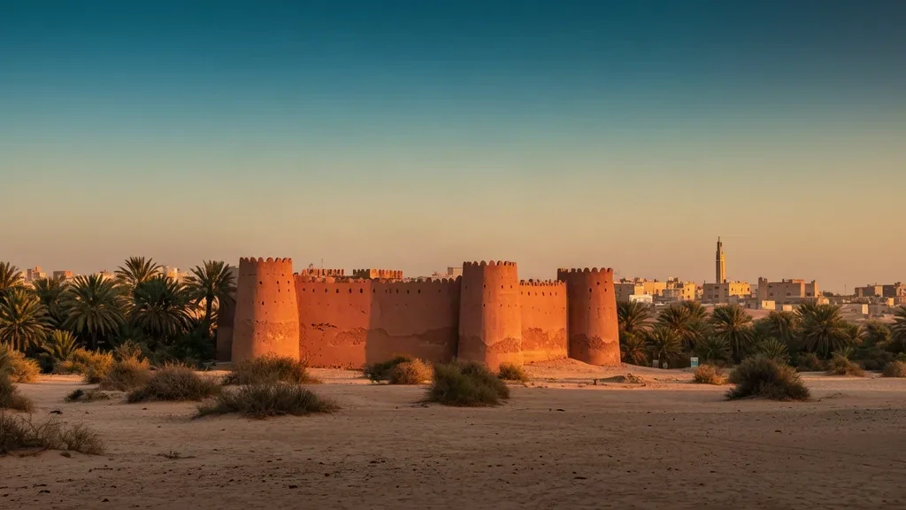 Golden-hour view of Al Jahra's historic Red Fort in Kuwait, framed by palm groves and a hazy desert skyline.