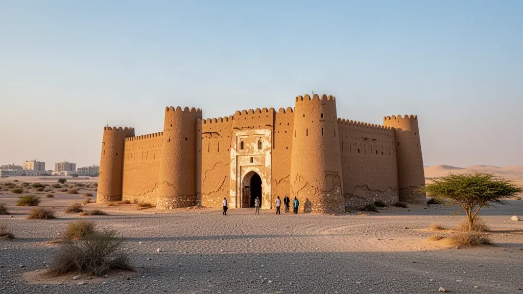 Il Forte Rosso di Al Jahra in Kuwait, le sue mura merlate in mattoni di fango illuminate dalla calda luce pomeridiana del deserto