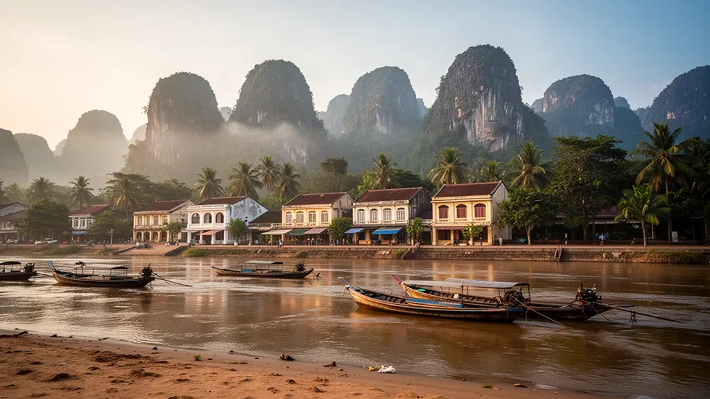 Lungomare del Mekong e scogliere carsiche di calcare a Thakhek, Provincia di Khammouane, Laos durante l'ora d'oro