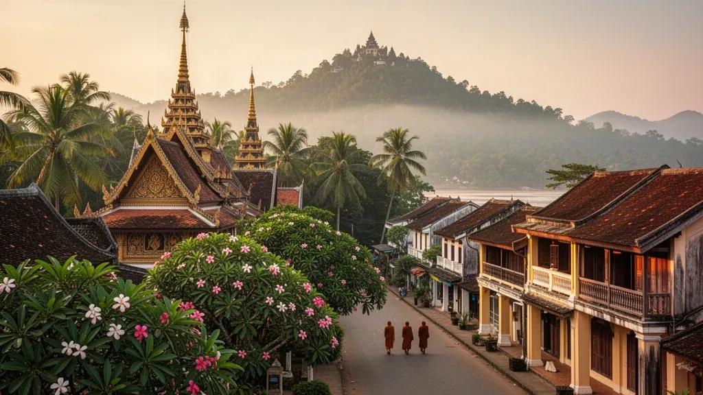 Laos, Luang Prabang'da gün doğumunda Mekong Nehri üzerinde altın tapınak çatıları ve palmiye ağaçları